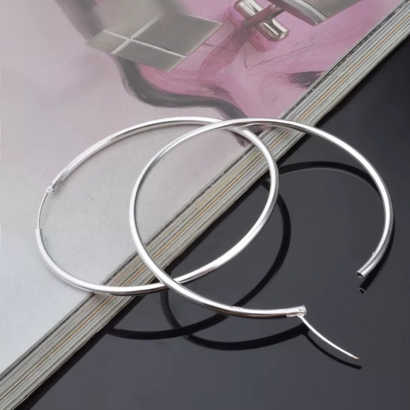 NEW Classic Large Circular 925 Silver Polished Hoop Earrings - Picture 8 of 13